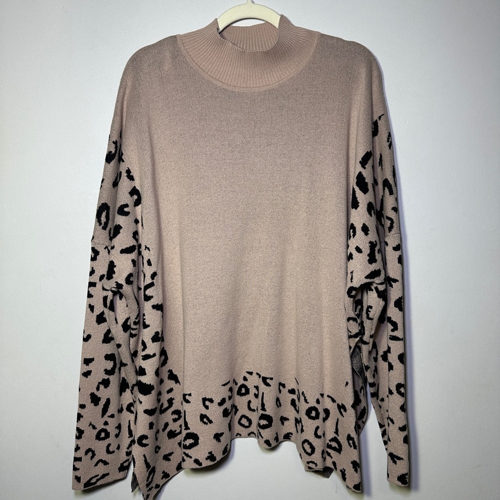 Leopard High Neck Side Slit Oversized Sweater size 2XL Cozy Minimalist Chic - Picture 2 of 9